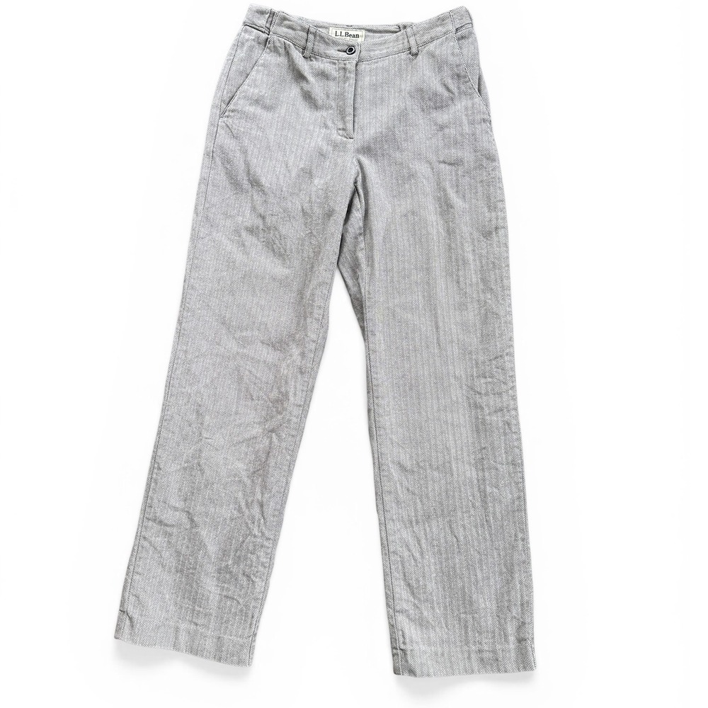 L.L. Bean Straight Leg Pants Women 4 Tall Grey Herringbone Classic Fit Cotton